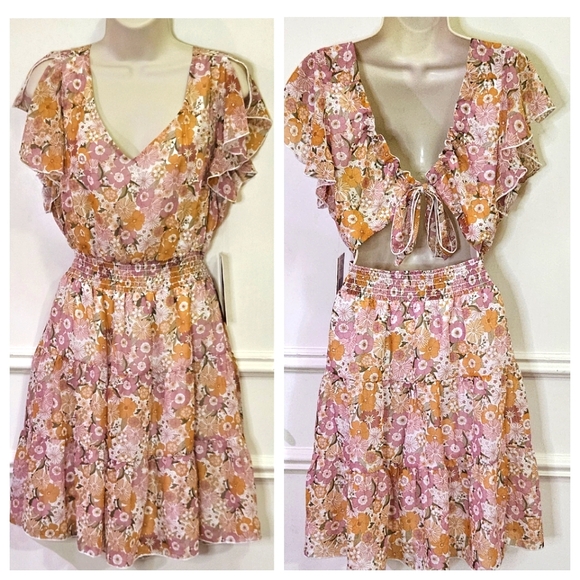 Emerald Sundae Blush Pink/Gold Floral Back Tie Cut-Out Mini Dress,Large,NWT - Picture 1 of 16
